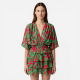 Robe d'été femme à volants, imprimé floral, manches larges, décolleté en V
