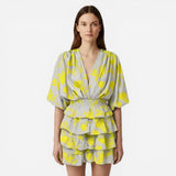 Robe d'été femme à volants, imprimé floral, manches larges, décolleté en V