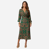 Robe Midi Femme à Col V, Manches Longues et Nœud Avant