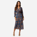 Robe Midi Femme à Col V, Manches Longues et Nœud Avant