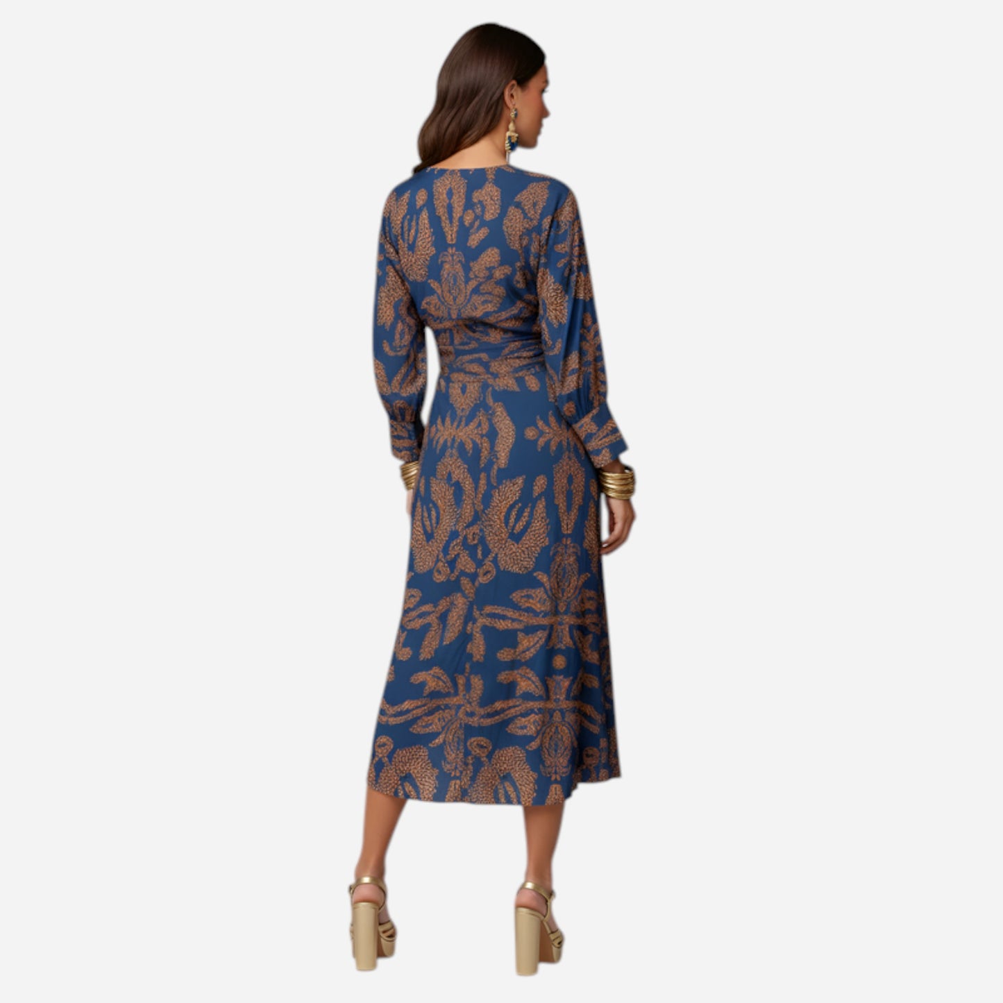 Robe Midi Femme à Col V, Manches Longues et Nœud Avant