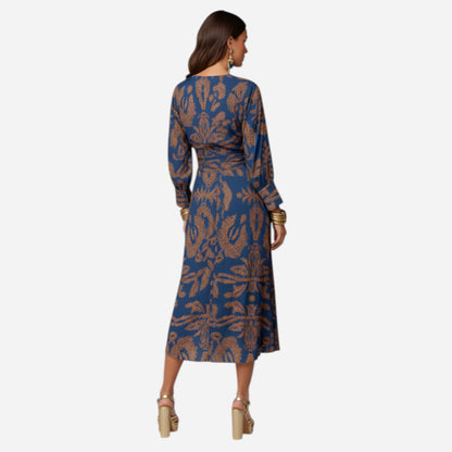 Robe Midi Femme à Col V, Manches Longues et Nœud Avant