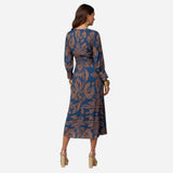 Robe Midi Femme à Col V, Manches Longues et Nœud Avant