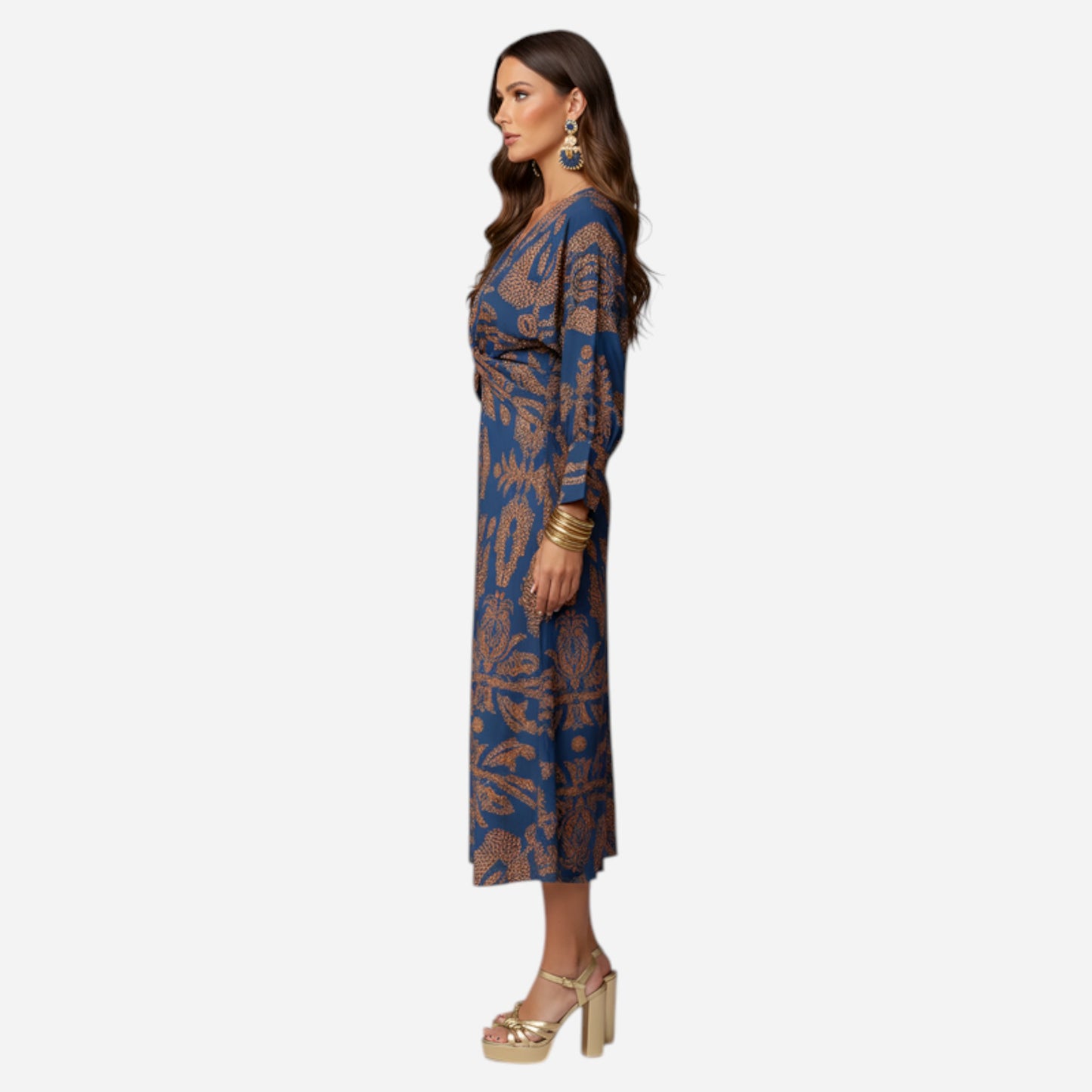 Robe Midi Femme à Col V, Manches Longues et Nœud Avant