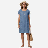 Robe d'été en lin pour femmes, manches courtes et poches