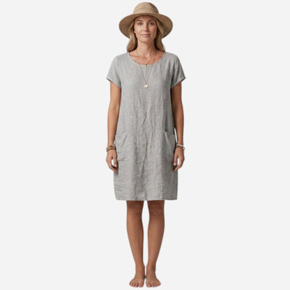 Robe d'été en lin pour femmes, manches courtes et poches