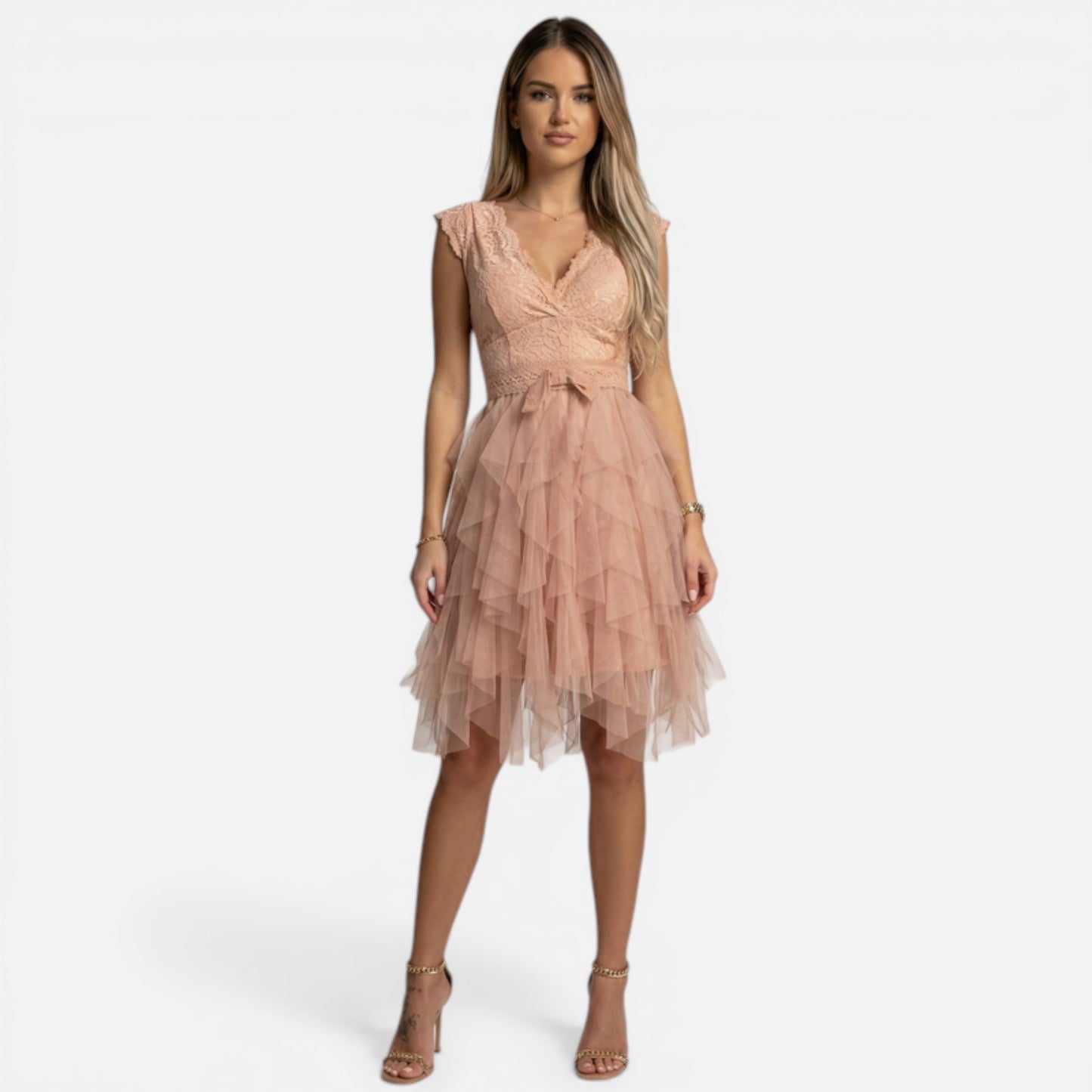 Robe en dentelle et tulle pour femmes, élégante cérémonie V-décolleté
