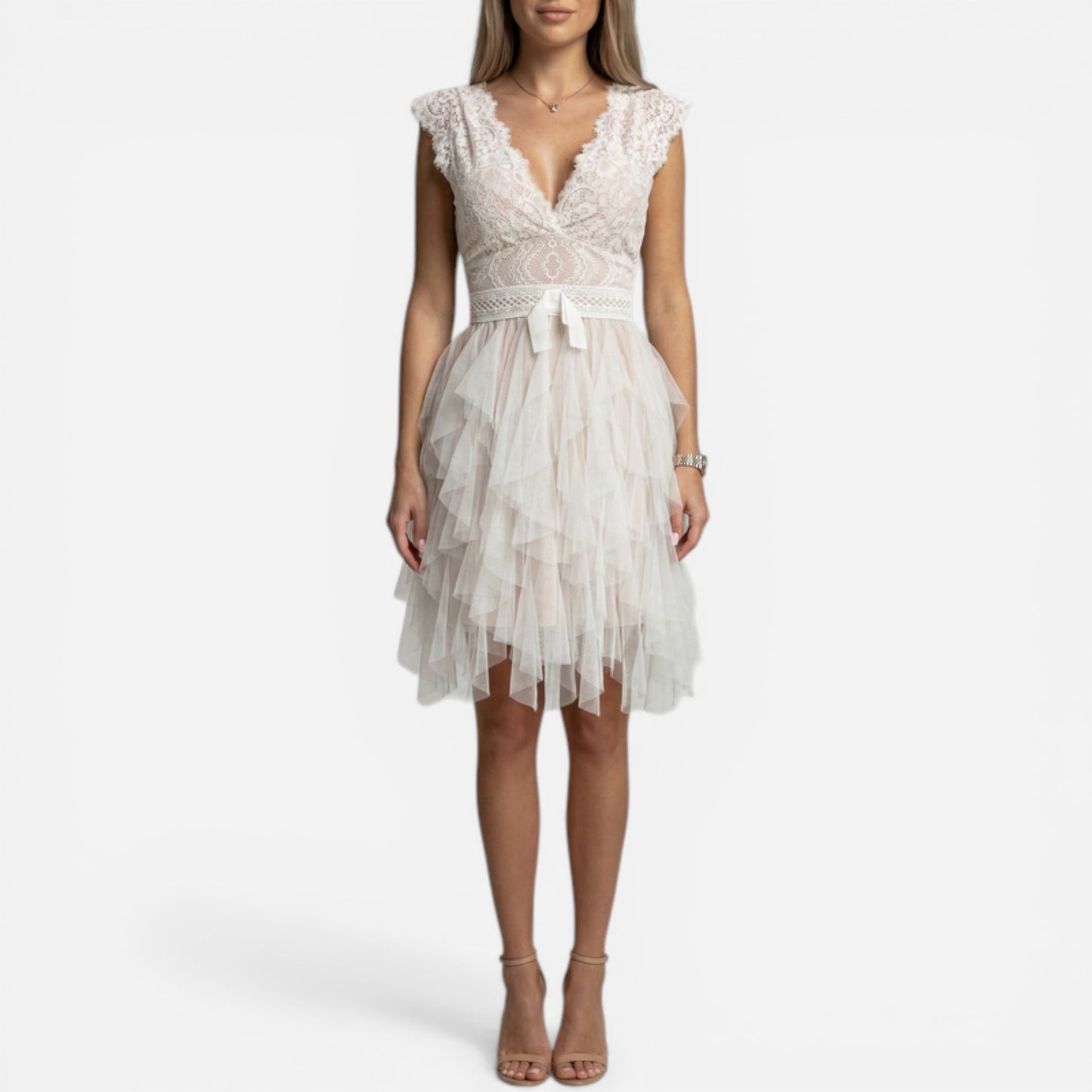 Robe en dentelle et tulle pour femmes, élégante cérémonie V-décolleté
