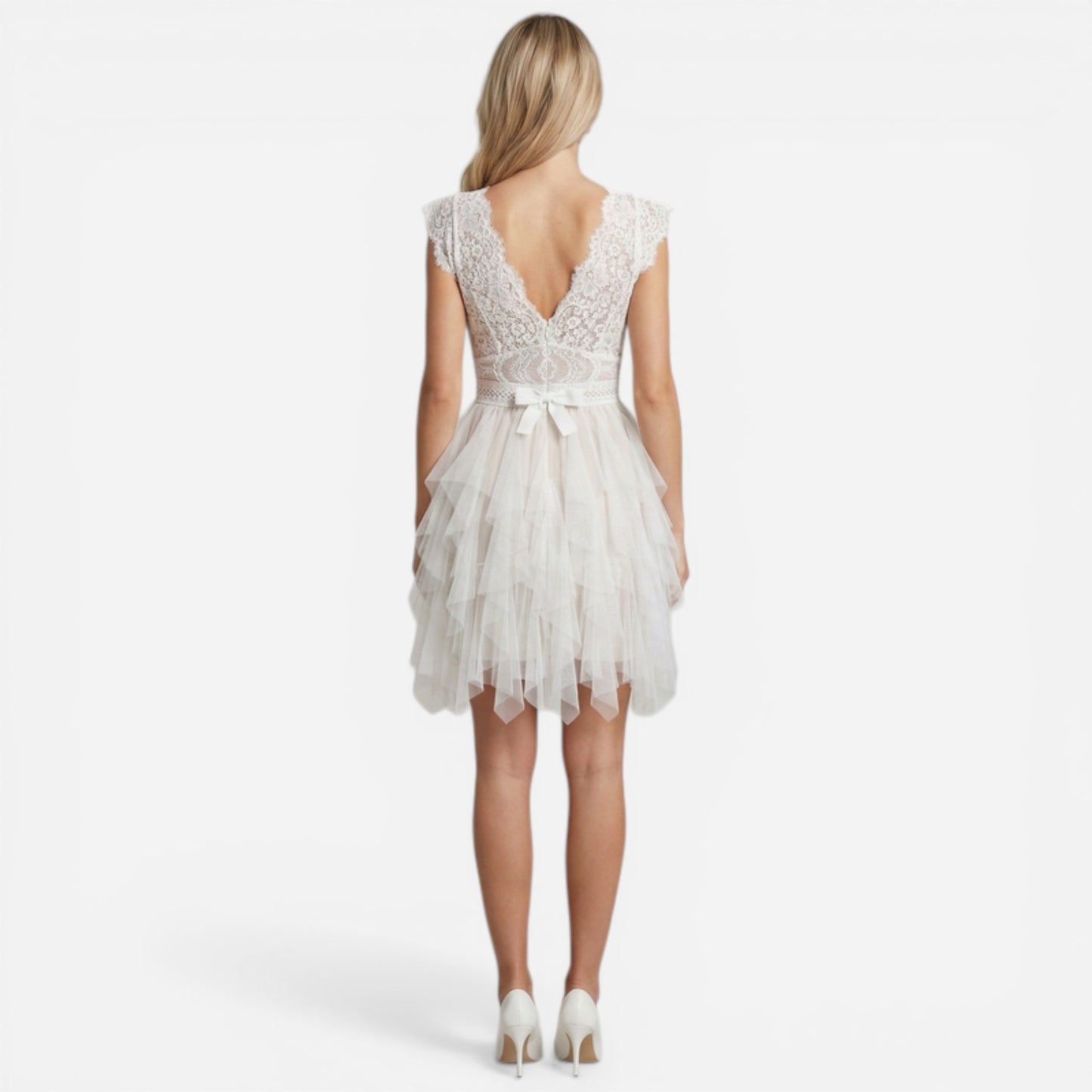 Robe en dentelle et tulle pour femmes, élégante cérémonie V-décolleté