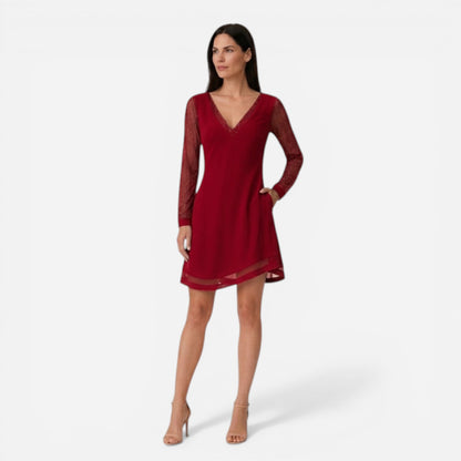 Robe midi élégante pour invitées de mariage, décolleté V, manches longues