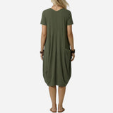 Robe mi-longue femme à manches courtes, poches et décolleté V casual