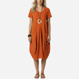 Robe mi-longue femme à manches courtes, poches et décolleté V casual