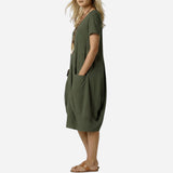 Robe mi-longue femme à manches courtes, poches et décolleté V casual
