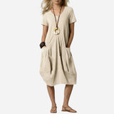 Robe mi-longue femme à manches courtes, poches et décolleté V casual