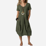 Robe mi-longue femme à manches courtes, poches et décolleté V casual