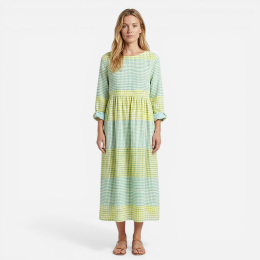 Robe Maxi Rayée Femme avec Volants - Légère à Manches Longues d'Été