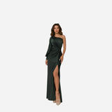 Robe longue satin à une épaule avec fente élégante pour femmes