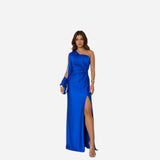 Robe longue satin à une épaule avec fente élégante pour femmes