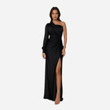 Robe longue satin à une épaule avec fente élégante pour femmes