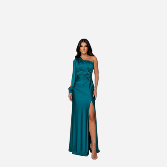 Robe longue satin à une épaule avec fente élégante pour femmes