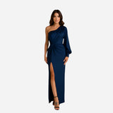 Robe longue satin à une épaule avec fente élégante pour femmes