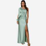 Robe longue satin à une épaule avec fente élégante pour femmes