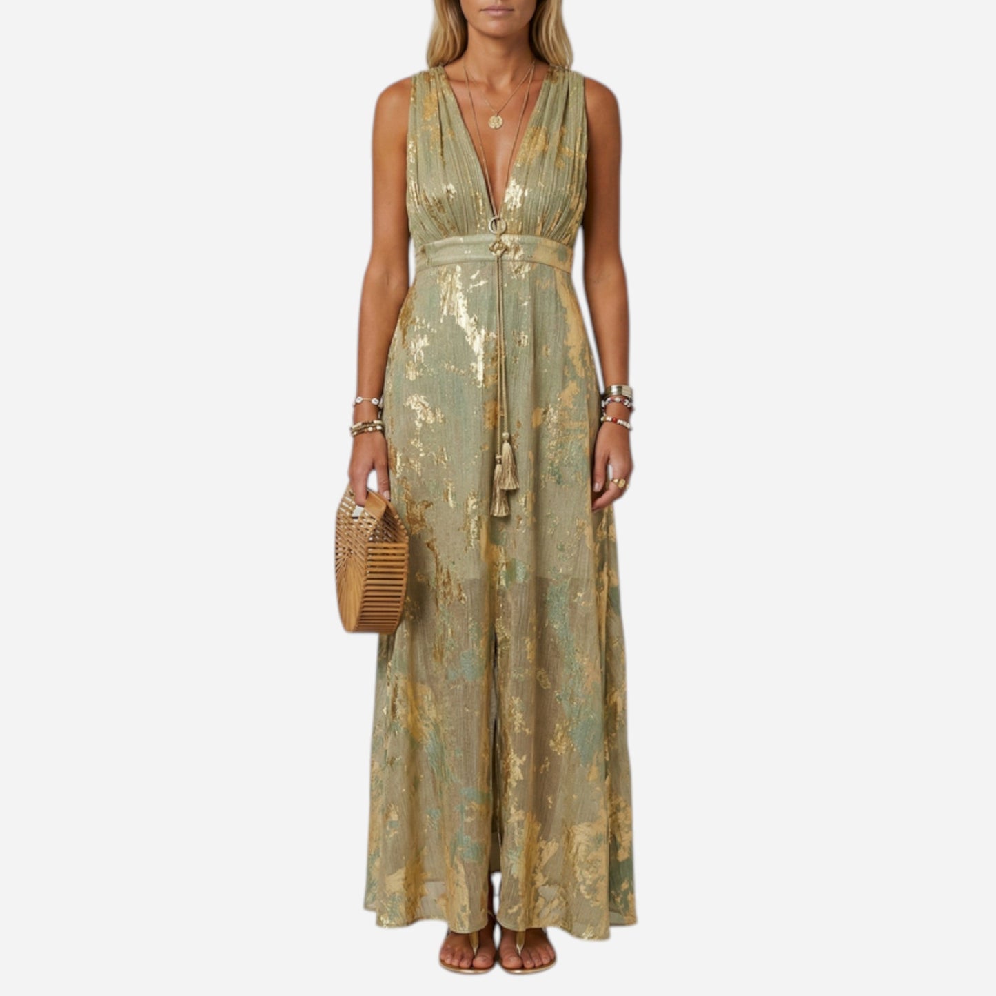 Robe Longue Élégante Femme Sans Manches V-Cou pour Cérémonie