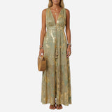 Robe Longue Élégante Femme Sans Manches V-Cou pour Cérémonie