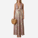 Robe Longue Élégante Femme Sans Manches V-Cou pour Cérémonie
