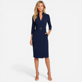 Robe midi élégante pour femme avec ceinture et manches longues