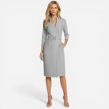 Robe midi élégante pour femme avec ceinture et manches longues