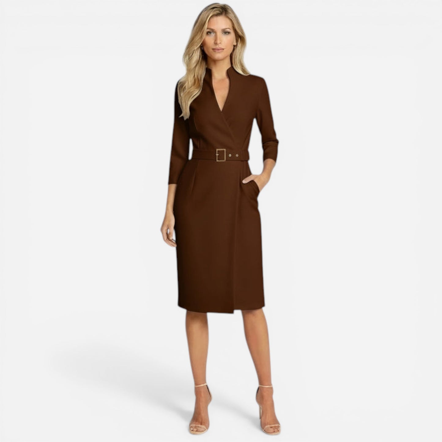 Robe midi élégante pour femme avec ceinture et manches longues