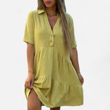 Vionelle - Robe décontractée en coton et lin, manches courtes pour femme