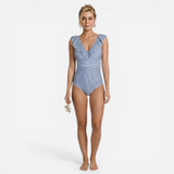 Maillot de bain femme une pièce à volants et décolleté en V rayé