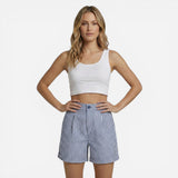 Shorts taille haute pour femmes à rayures et bouton avant