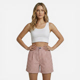 Shorts taille haute pour femmes à rayures et bouton avant