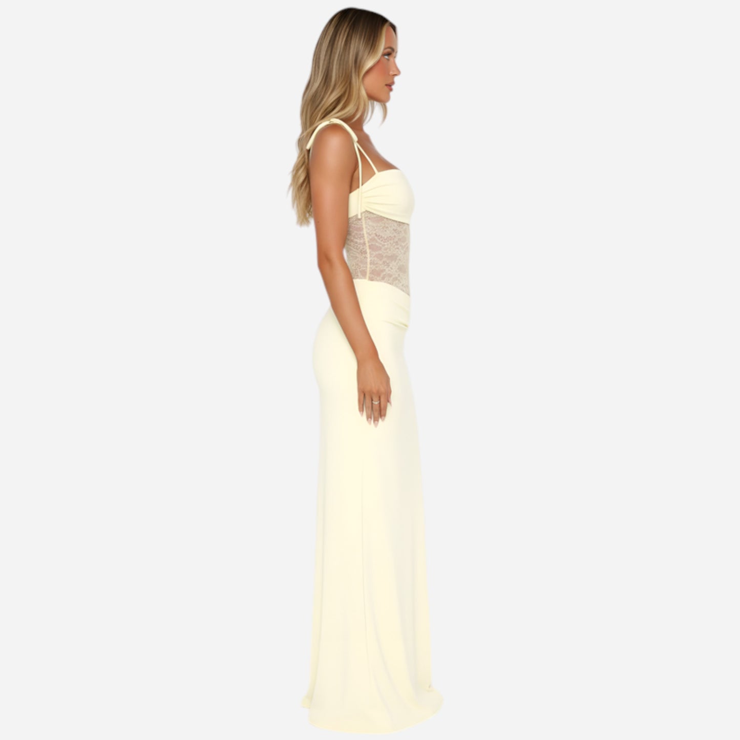 Robe longue femme avec corsage en dentelle et fines bretelles