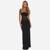 Robe longue femme avec corsage en dentelle et fines bretelles