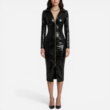 Robe Midi Femme Ajustée Effet Cuir, Zip Avant, Manches Longues