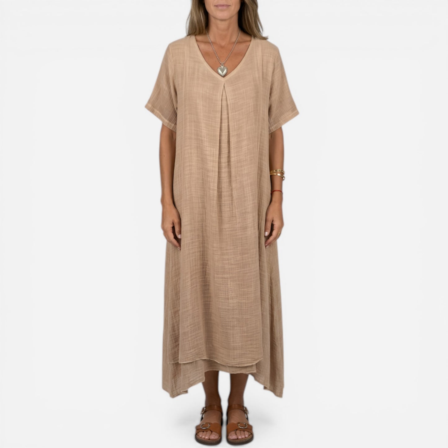 Robe longue femme décontractée à col en V, manches courtes, été