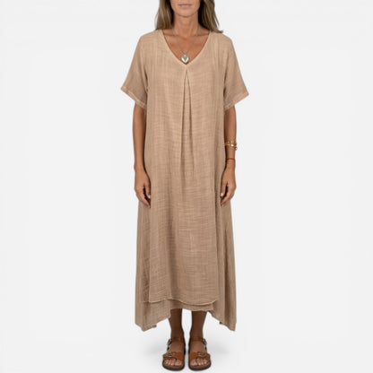 Robe longue femme décontractée à col en V, manches courtes, été