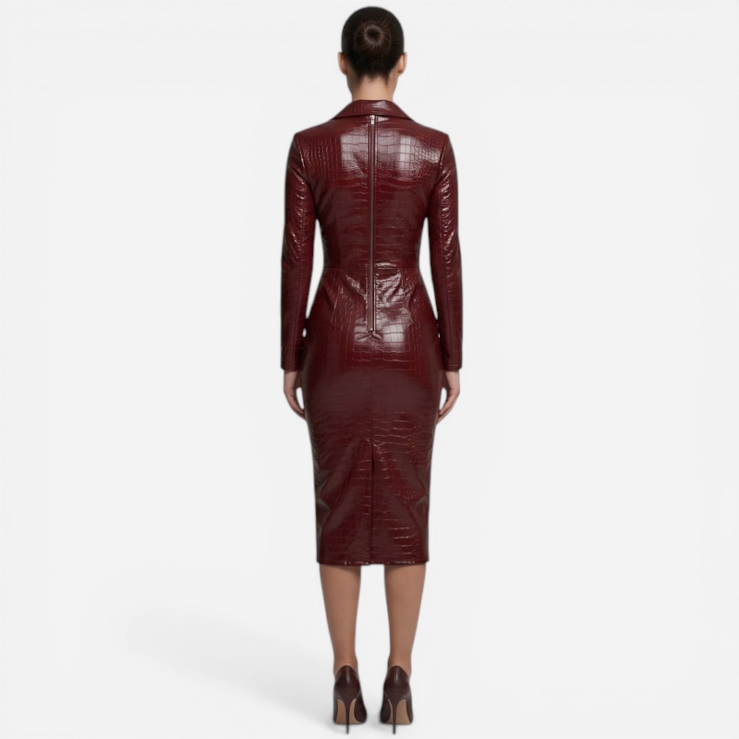 Robe Midi Femme Ajustée Effet Cuir, Zip Avant, Manches Longues