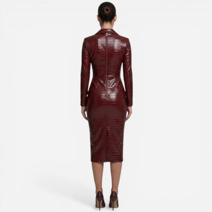 Robe Midi Femme Ajustée Effet Cuir, Zip Avant, Manches Longues