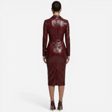 Robe Midi Femme Ajustée Effet Cuir, Zip Avant, Manches Longues