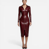 Robe Midi Femme Ajustée Effet Cuir, Zip Avant, Manches Longues