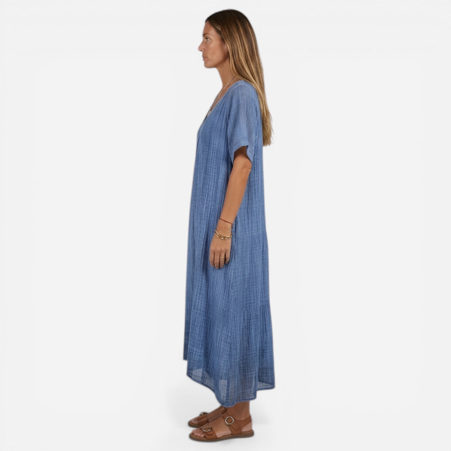 Robe longue femme décontractée à col en V, manches courtes, été