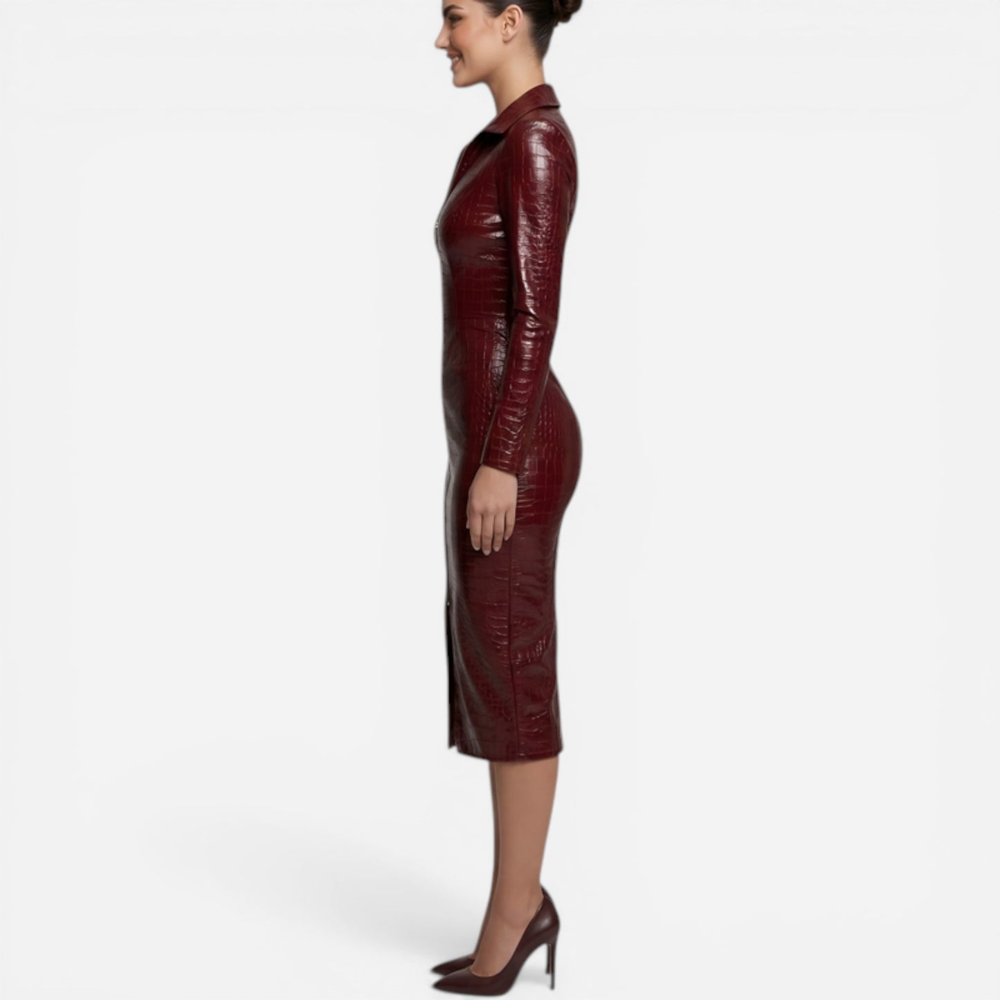 Robe Midi Femme Ajustée Effet Cuir, Zip Avant, Manches Longues