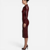 Robe Midi Femme Ajustée Effet Cuir, Zip Avant, Manches Longues