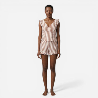 Combinaison courte femme avec volants, décolleté en V, été chic