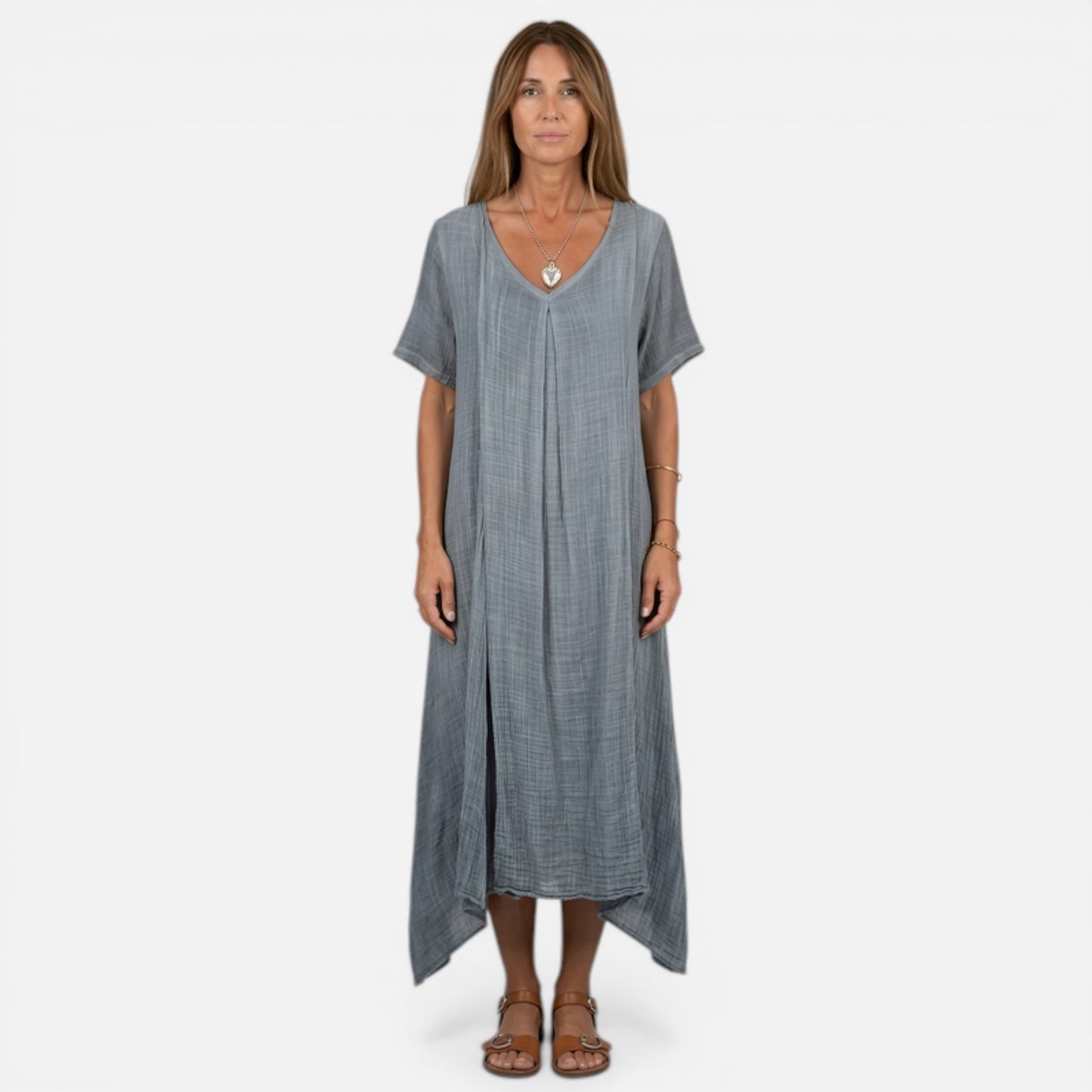 Robe longue femme décontractée à col en V, manches courtes, été
